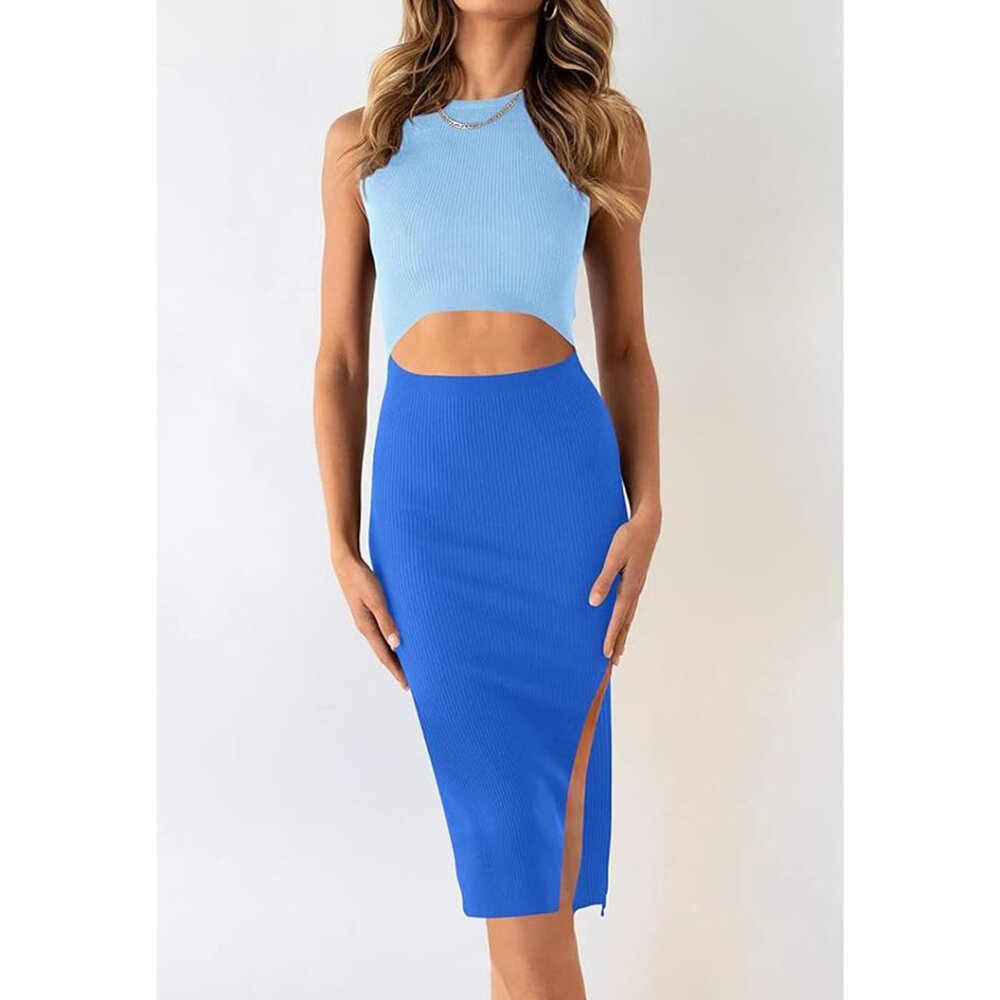 Like New Women's Summer Midi Bodycon Dress Crew Neck Slit & Cut Out Mid Sz L - Picture 2 of 5